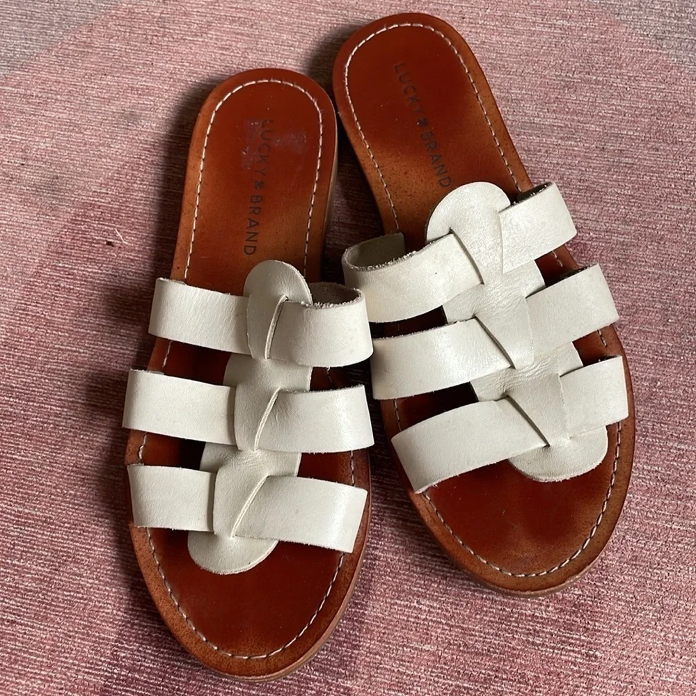 Lucky Brand Aisha Cream Woven Boho Leather Slide Sandals
